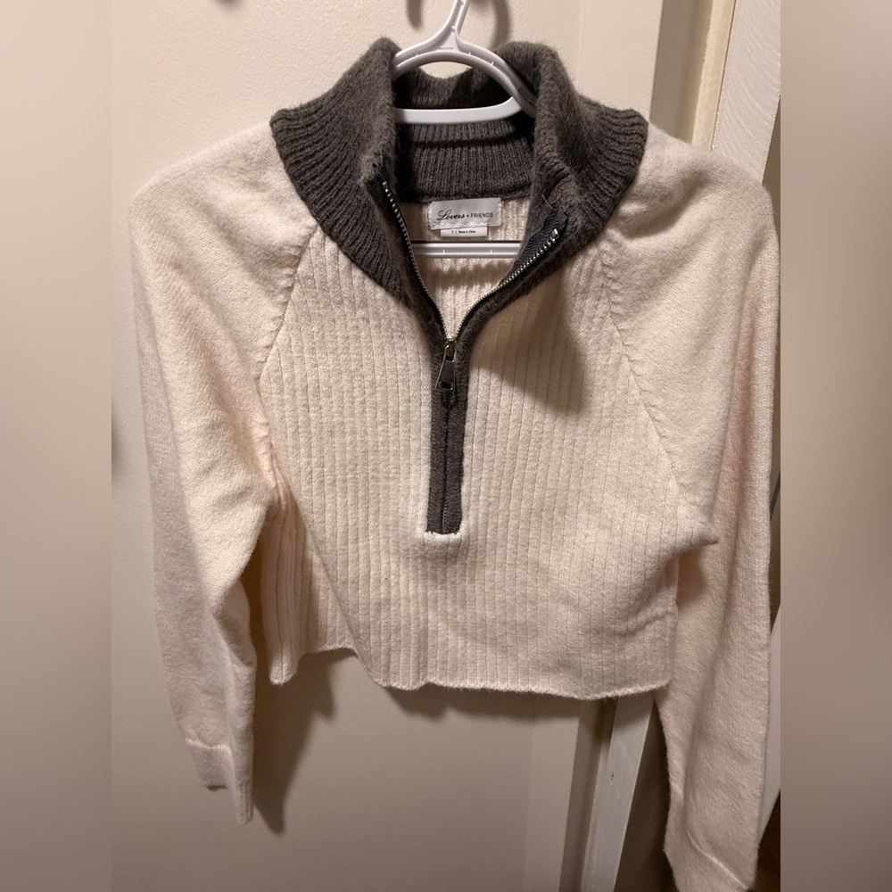 Lovers + Friends Cream and Charcoal Zip Sweater